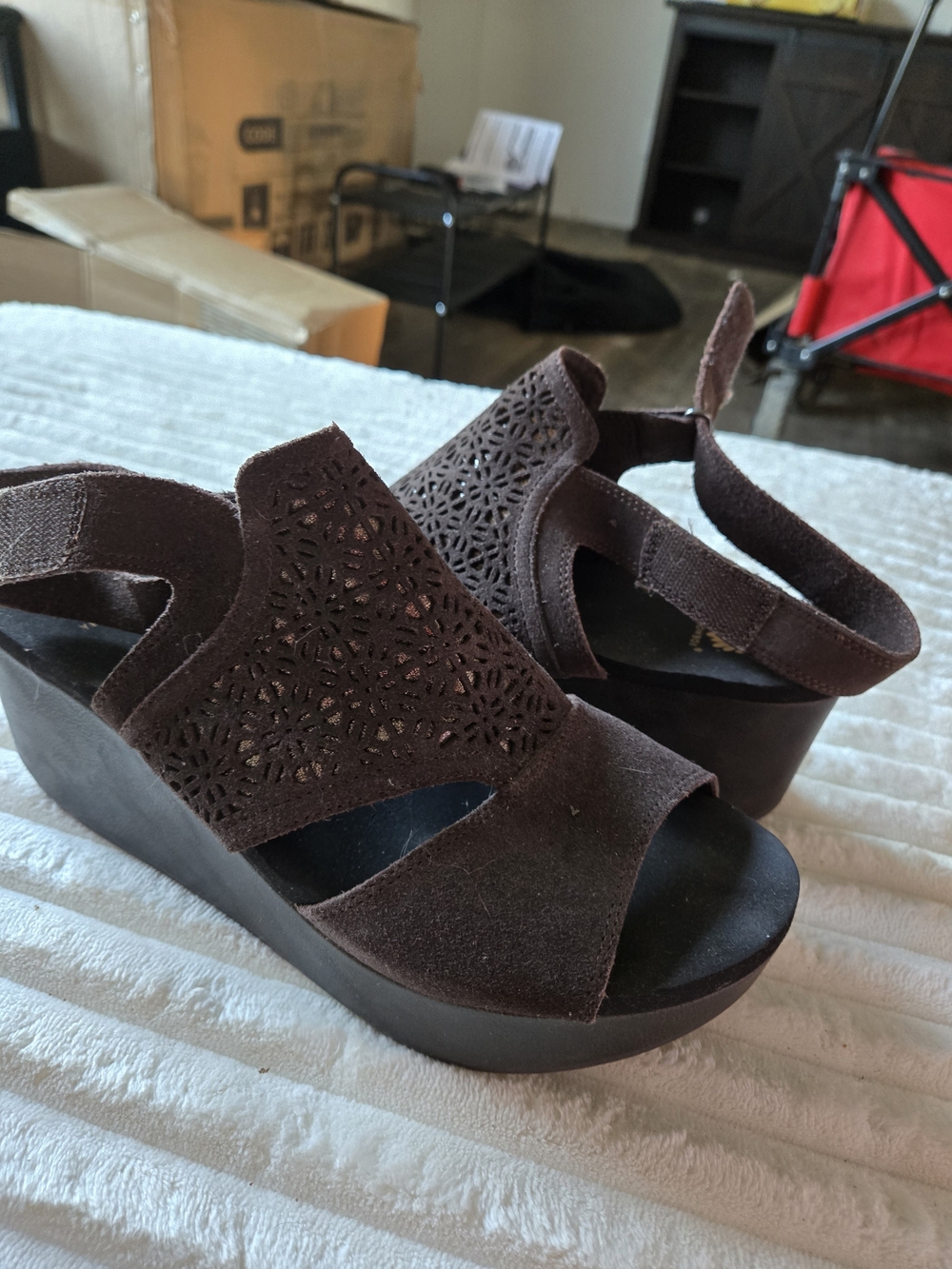 Yellow Box Brown Suede Laser-Cut Wedge Sandals